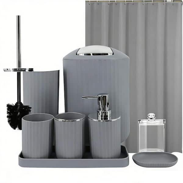 9-Piece Gray Bath Accessory Set with Trash Can, Vanity Tray, Soap Dispenser, Soap Dish, Toothbrush Holder, Toilet Brush