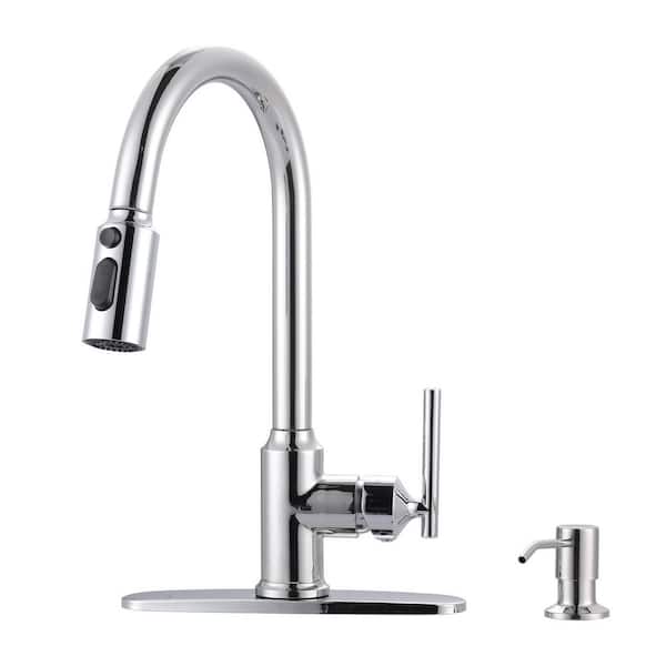 AVITAS Polished Chrome 15 in. 3-Mode Single Handle Pull Down Sprayer Kitchen Faucet with 360° Swivel Spout and Soap Dispenser