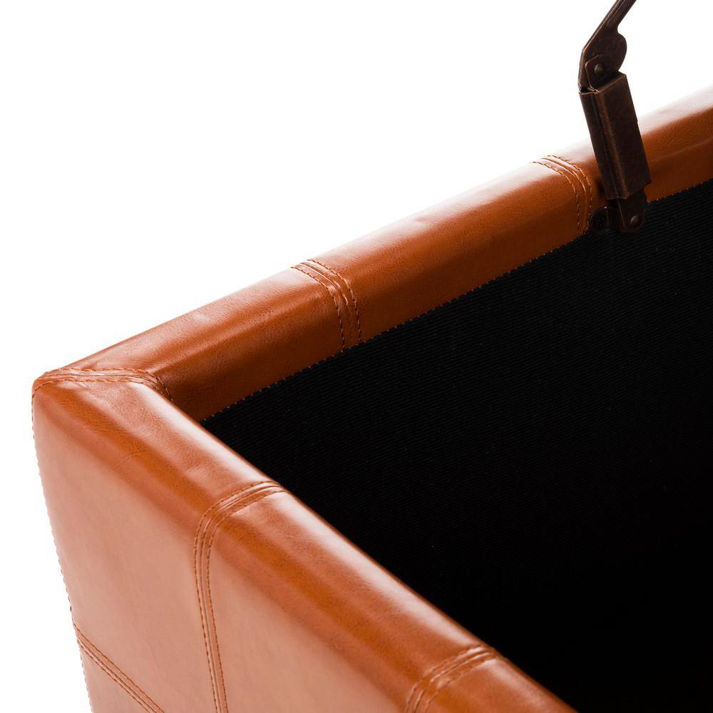 Saddle Brown Leather Tufted Storage Ottoman with Birch Wood