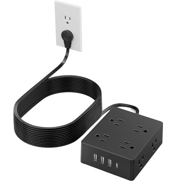 Lukyamzn 25 ft. Flat Wall Plug Long Extension Cord, Surge Protector Power Strip with 8 AC Outlets, 4 USB Ports (1 USB C), Black