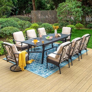 9-Piece Metal Patio Outdoor Dining Set with Black Rectangle Table with Extension and Chairs with Beige Cushions