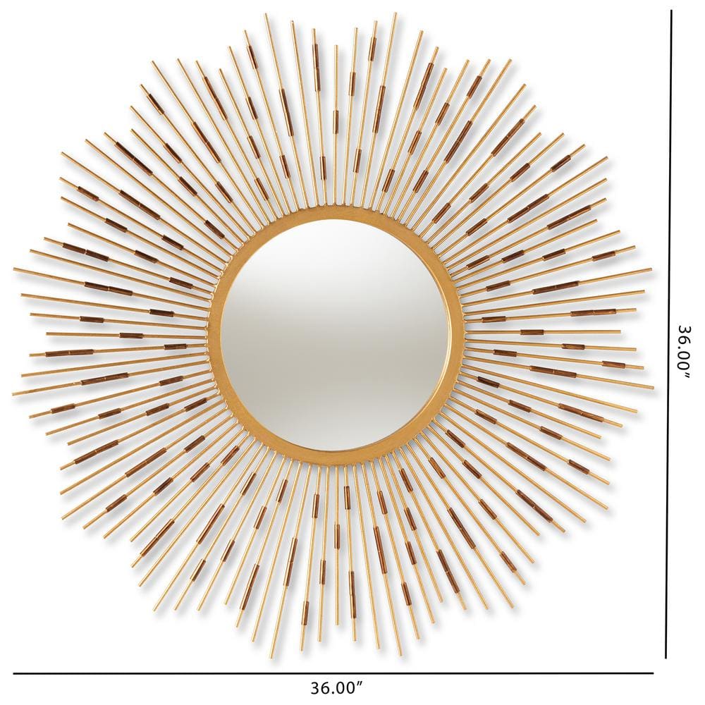 Mid-Century Sunburst Round Wall Mirror in Gold and Leather Accents