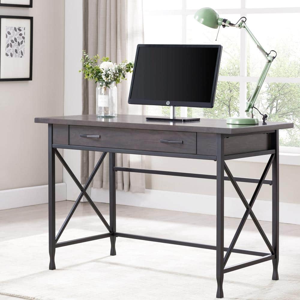 Chisel & Forge Oak Desk with Drawer in Smoke Gray and Matte Black