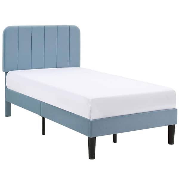 VECELO Upholstered Bed, Light Blue Twin Bed Platform Bed Frame with Adjustable Headboard, Strong Wooden Slats Support Bed Frame