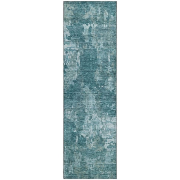 Mayfield Premium Machine Washable Abstract AMF2361 Teal 2 ft. x 7 ft. Runner Rug