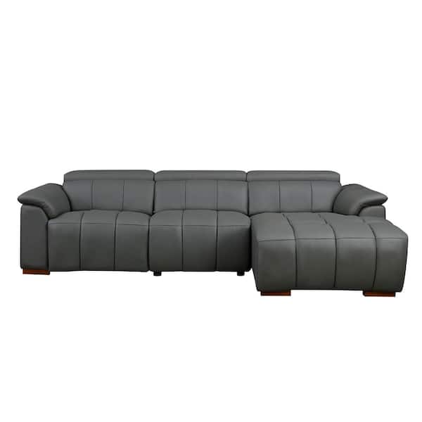 Dark Grey Genuine Leather Electric Recliner Sofa with USB Port, Adjustable Headrest & Footrest, Wall-Hugger L-Shape