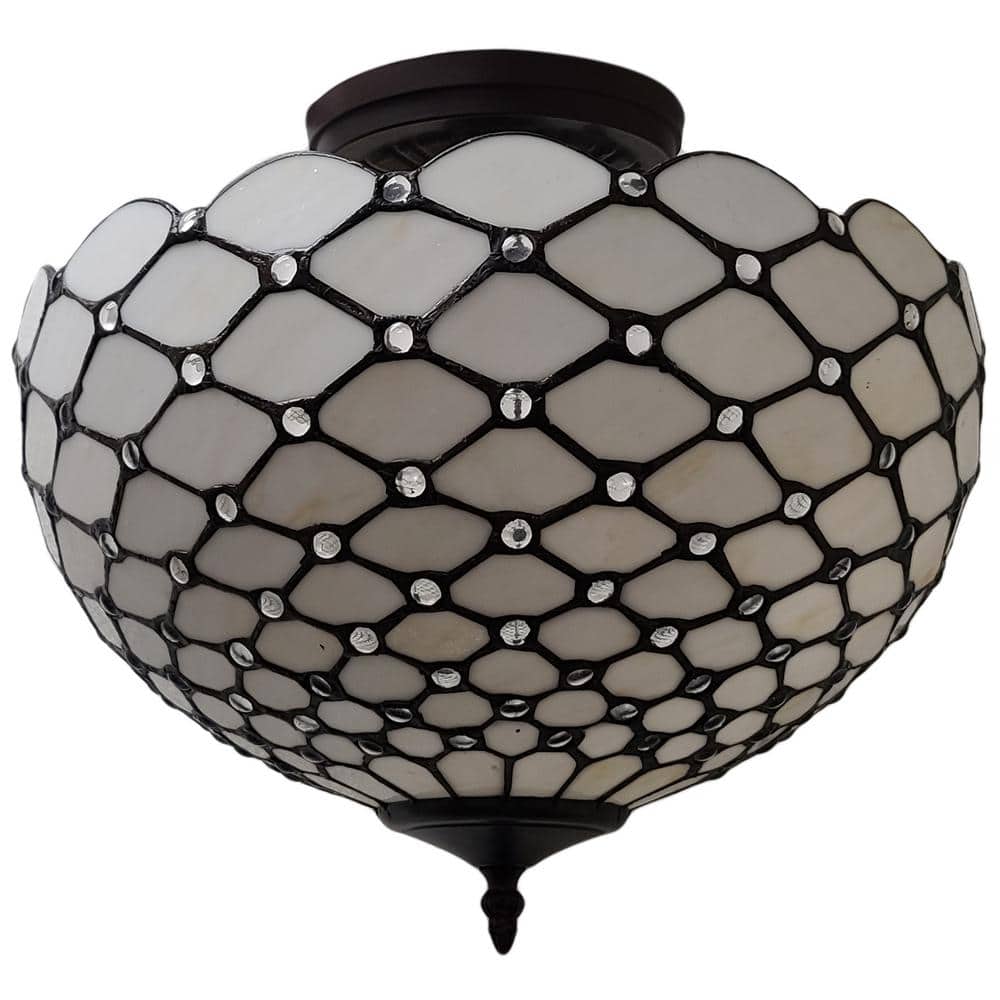 White Stained Glass Vintage Semi-Flush Ceiling Lamp