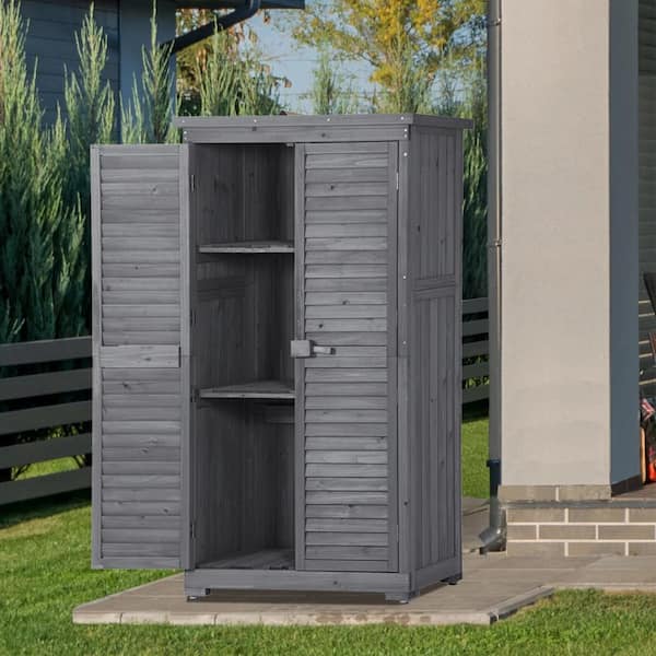 Kahomvis 34.3 in. W x 18.3 in. D x 63 in. H Gray Fir Wood Outdoor Storage Cabinet Patio Garden Shed with Waterproof Asphalt Roof