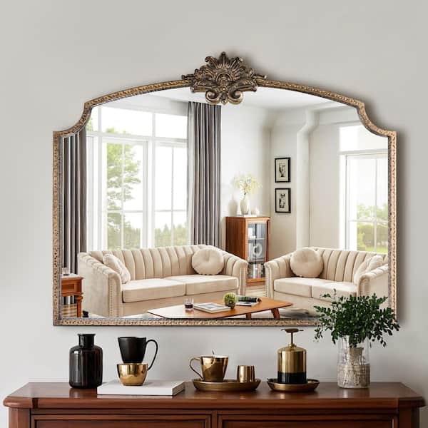 36 in. W x 29 in. H Unique Arched Ornate Baroque Vintage Gold Framed Accent Decorative Wall Mirror