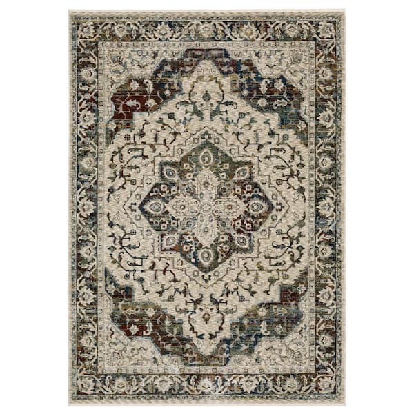 3' X 5' Beige Rust And Blue Medallion Area Rug With Fringe