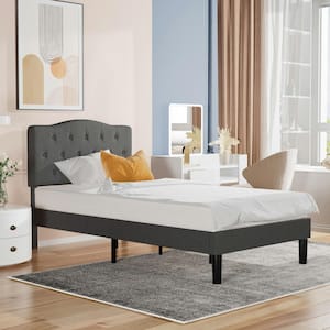 Upholstered Platform Bed with Button-Tufted Headboard Wood Slat Support Easy Assembly - Twin Dark Gray 41.73 in. W