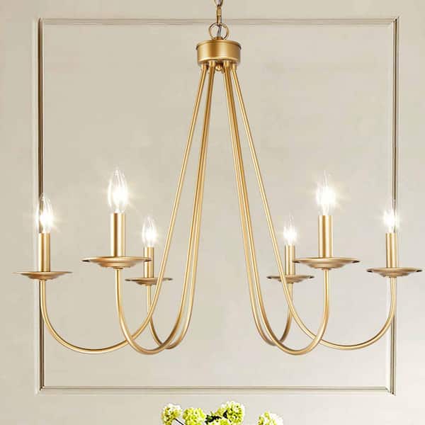 Uolfin Modern Antique Gold Island Chandelier Carm 28 in. Large 6-Light Farmhouse Candlestick Chandelier for Dining Room