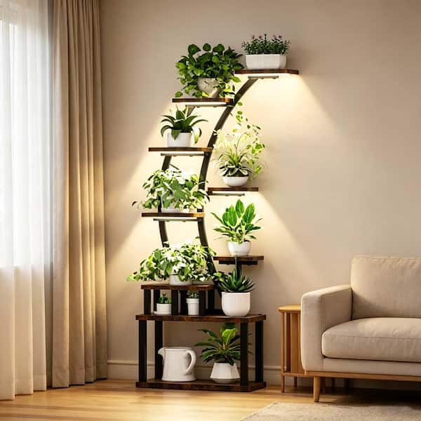 9-Tier Wood Plant Stand Indoor w/Grow Lights (21 in. W x 63.5 in
