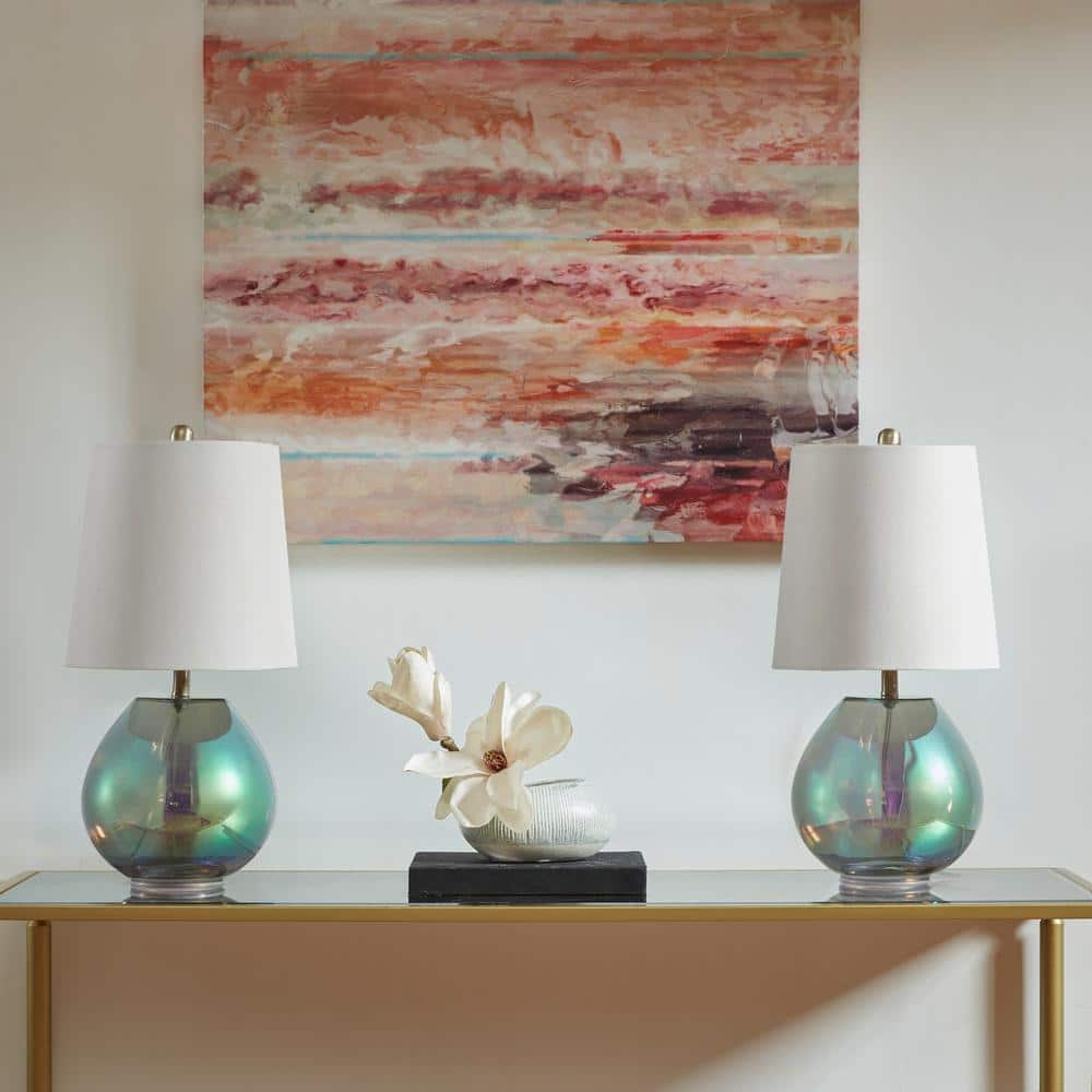 19.5" Iridescent Green Glass Table Lamp with White Shade