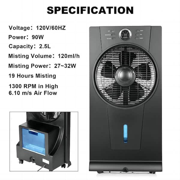 dubbin 3-Speeds Misting fan and Humidifier with 2.5L Water Tank and Auto  Shut Off Timer in Black (include Remote Control) FXFAN-7028 - The Home Depot