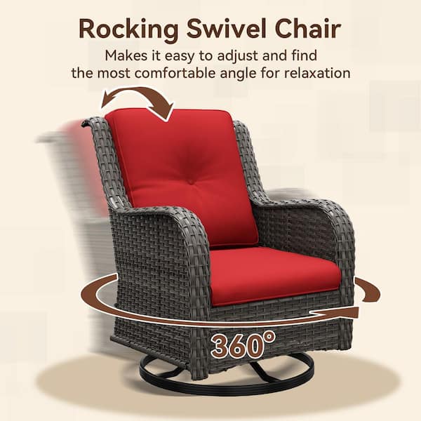 5-Piece Wicker Outdoor Patio Conversation Set Swivel Rocking Chair Set with Red Cushions