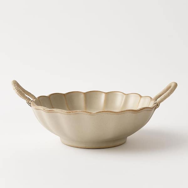Unbranded Vintage Beige Petal Shape Ceramic Decorative Bowl Serving Bowl with Rope Handles