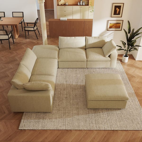 Magic Home 157 in. Square Arm 6-Piece Linen U-shaped Sectional Sofa Cloud Couch in. Khaki with Storage Ottomans
