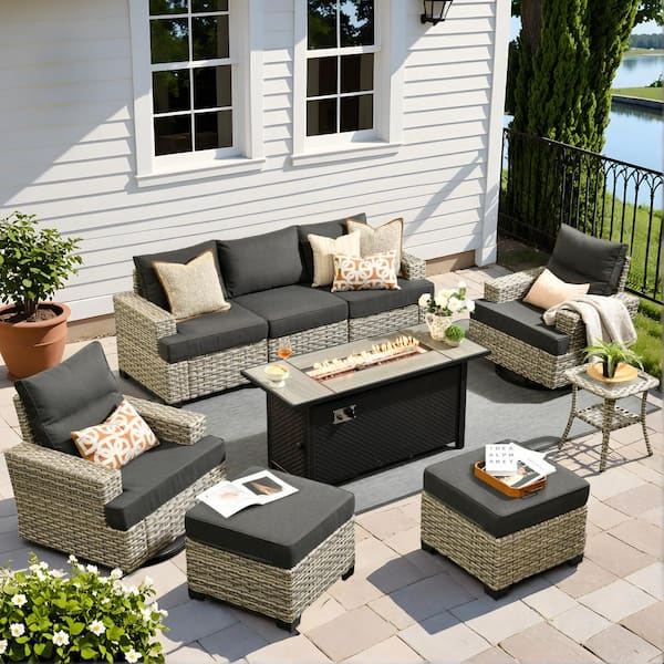 Kelleys 9-Piece Wicker Outdoor Patio Fire Pit Conversation Sofa Furniture Set with Swivel Chairs and Black Cushions