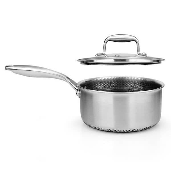 NutriChef 2 qt. Sauce Pot with Glass Lid Triply Stainless Steel Cookware DAKIN Etching Non-Stick Coating Inside and Outside