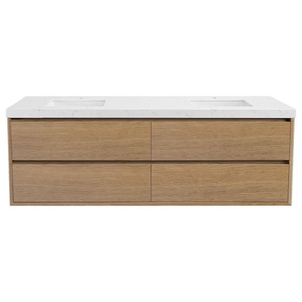 Solenne 72 in. Double Sink Floating Bath Vanity in Natural Oak with White Carrara Engineered Stone Top