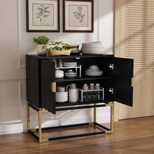 FUFU&GAGA Black Wood Sideboard Cupboard 2 Doors Hutch Pantry Cabinet With Metal Legs for Kitchen Dining Room