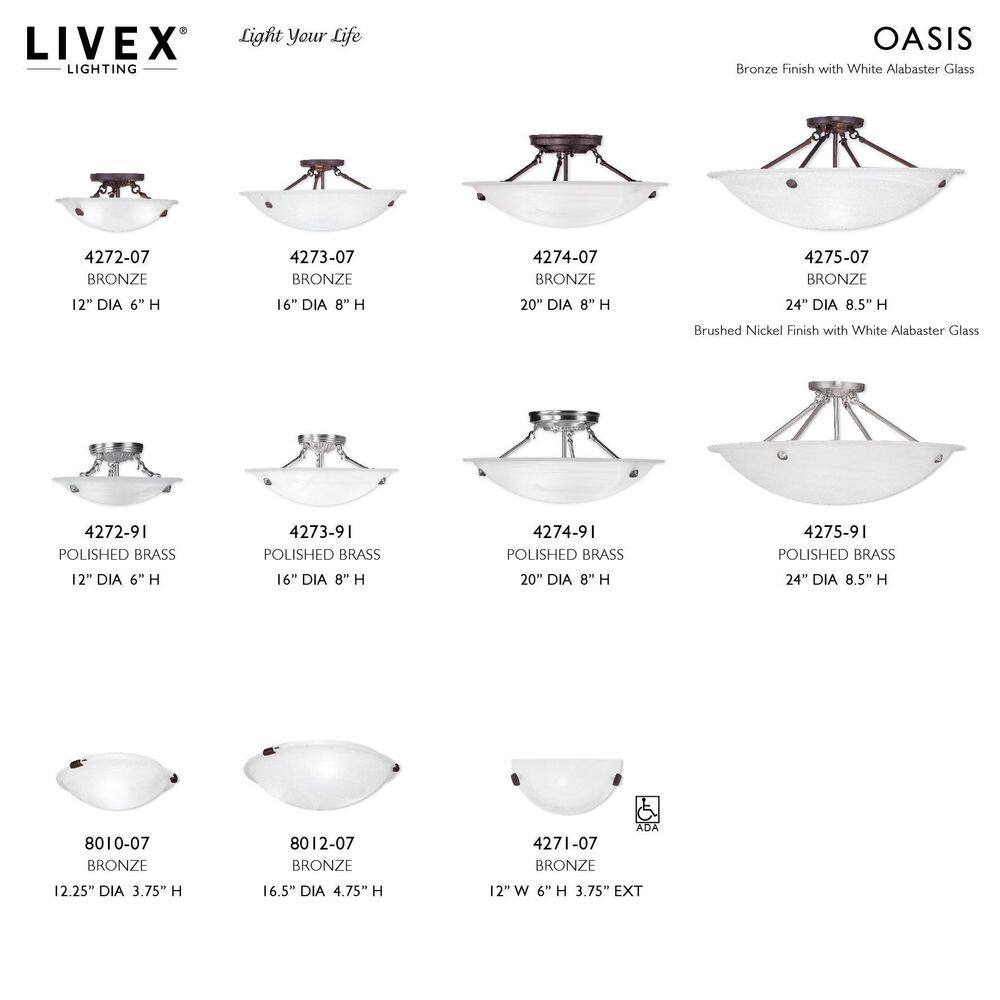 Oasis Brushed Nickel 3-Light LED Bowl Ceiling Mount with White Alabaster Glass