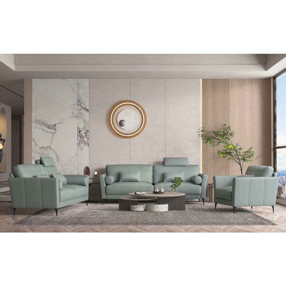 Watery Leather Sofa with Flared Arms and Pillows