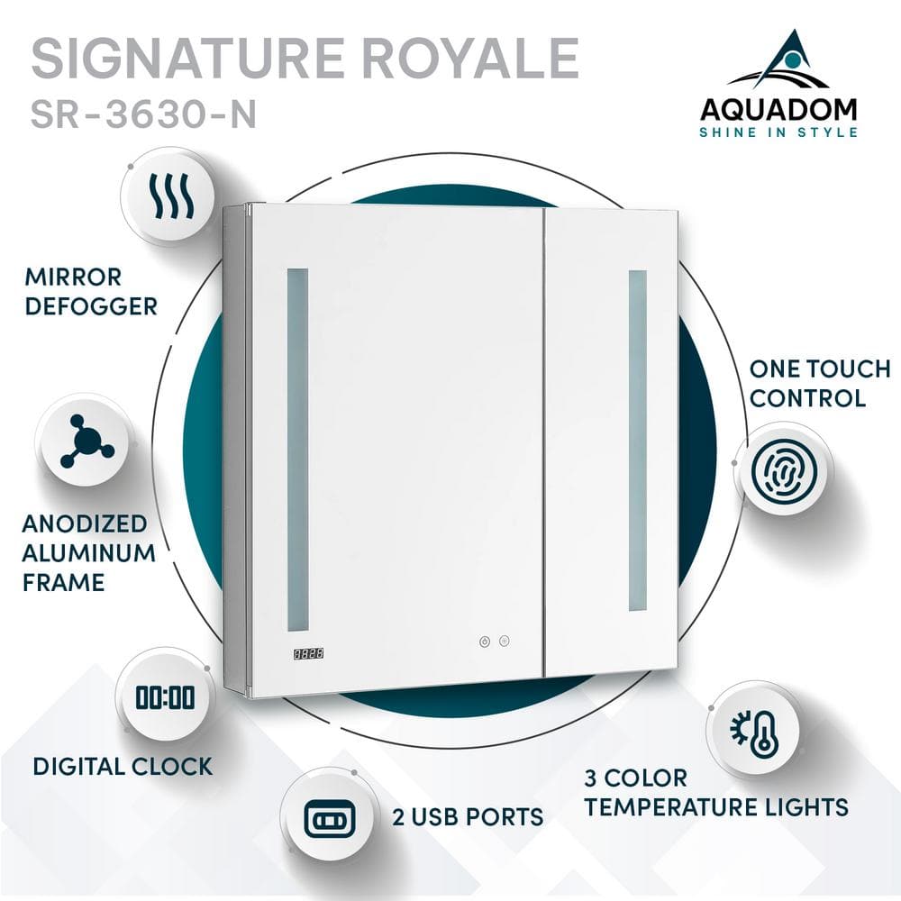 Signature Royale 36"x30" Modern LED Lighted Medicine Cabinet with Defogger