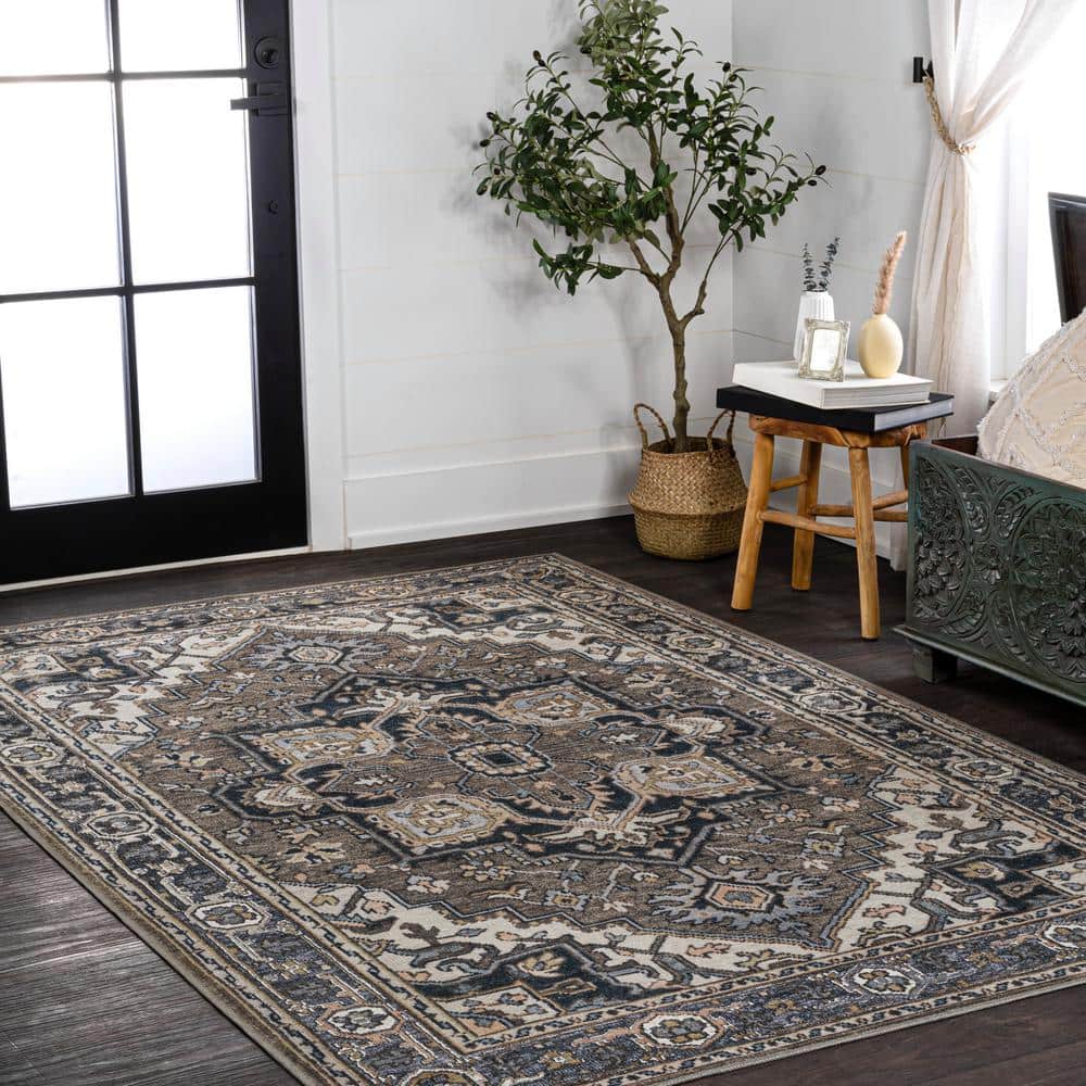 Cirali Green Navy Cream Washable Medallion Area Rug 4' x 6'