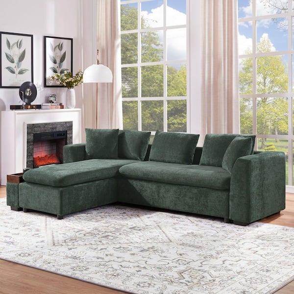 Trustworthy 93.7 in. Rolled Arm Chenille Upholstery L-Shaped Sectional Sofa in. Green with Wooden Storage Compartment