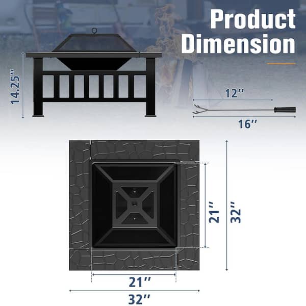 Tozey 32 in. Outdoor Metal Black Fire Pit with Cover and Poker T