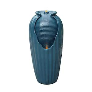 32 in. Teal Blue Contemporary Glazed Polyresin Vase Waterfall Floor Fountain with LED Light