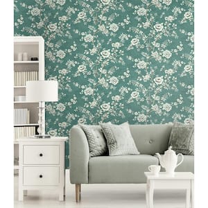 60.75 sq. ft. Aged Teal and Metallic Pearl Bissette Floral Trail Unpasted Paper Wallpaper Roll