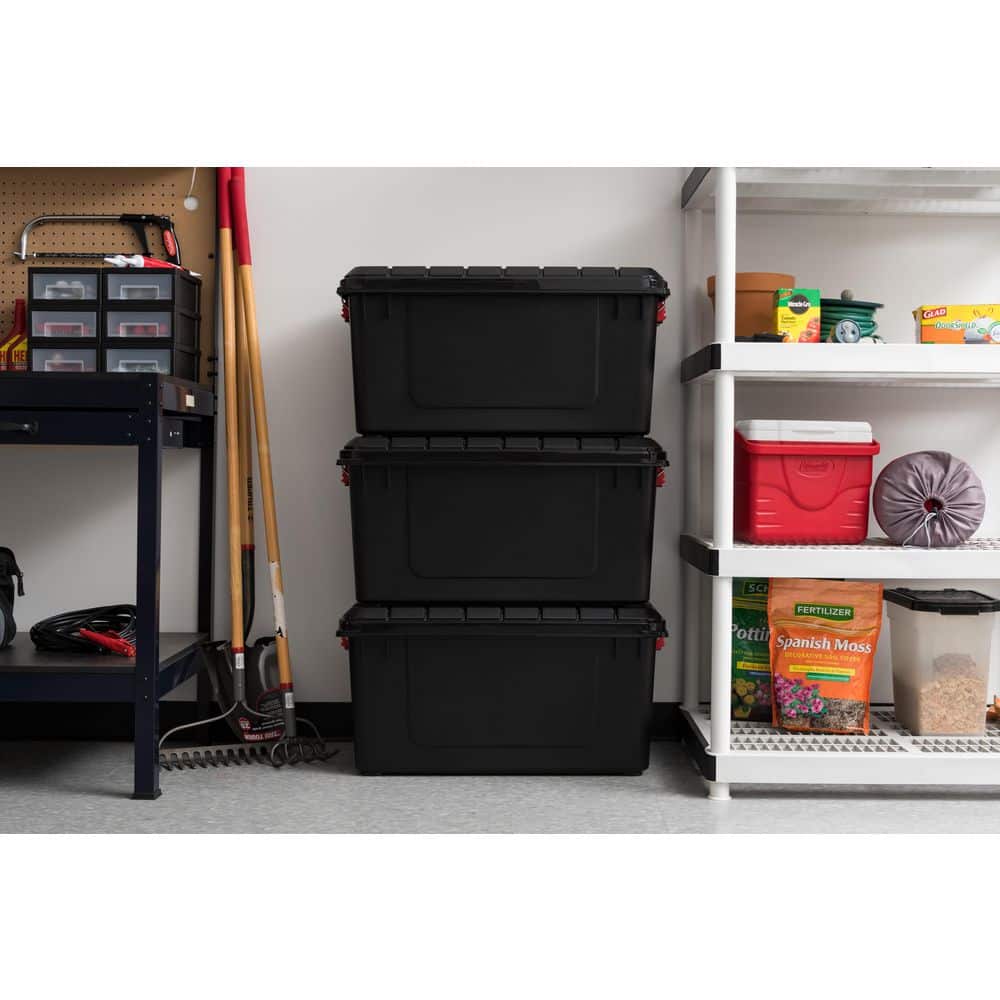 Heavy Duty Black Plastic Stackable Storage Totes with Lids, 82 Quart, Set of 4