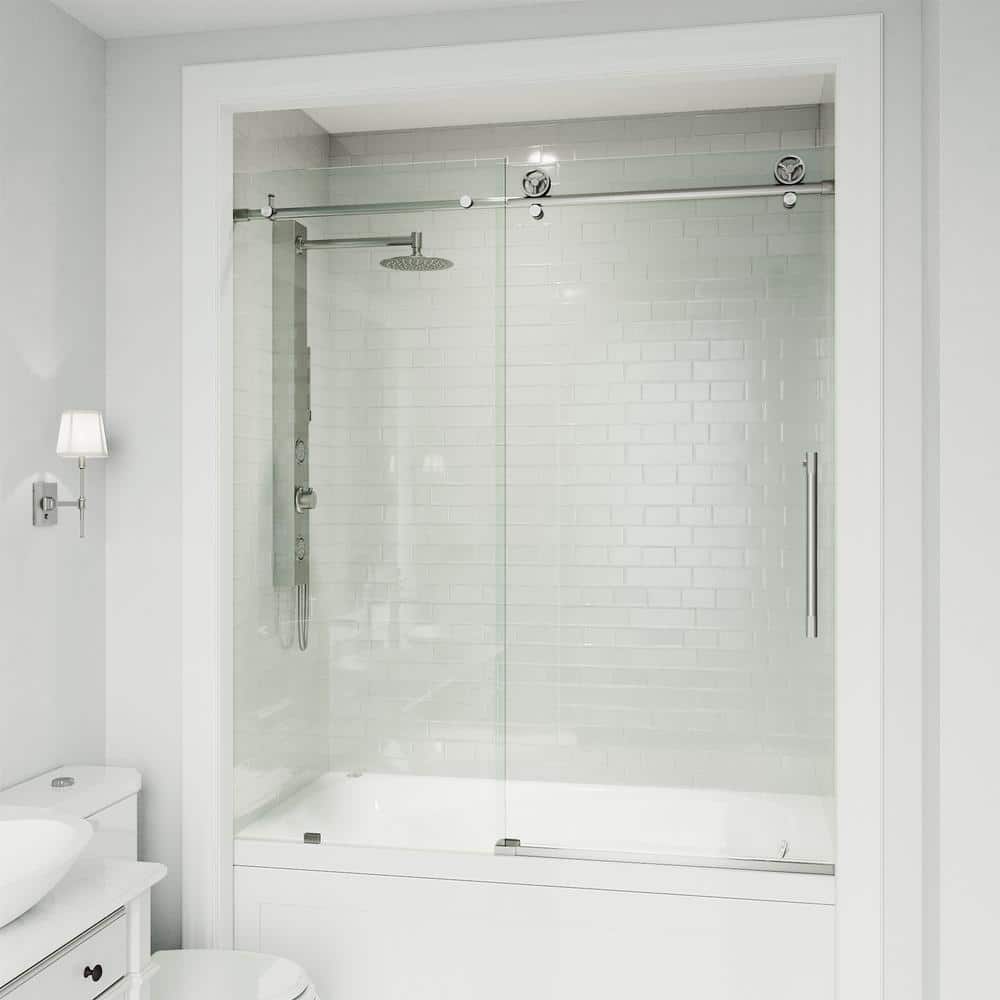 Elan Frameless Sliding Tub Door with Clear Glass and Stainless Steel