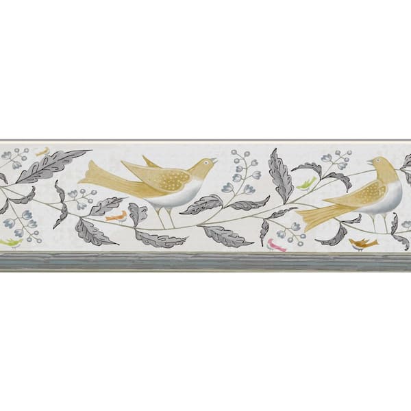 Dundee Deco Falkirk Dandy Mustard Yellow Birds on Vine Kids Peel and Stick Wallpaper Border