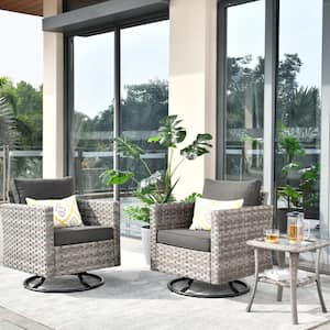 Tahoe Grey 3-Piece Wicker Outdoor Patio Conversation Swivel Rocking Chair Set with a Side Table and Black Cushions