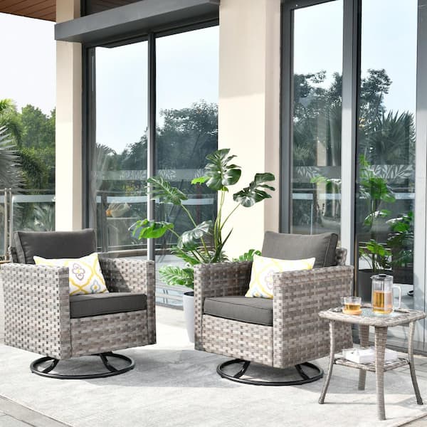 HOOOWOOO Tahoe Grey 3-Piece Wicker Outdoor Patio Conversation Swivel Rocking Chair Set with a Side Table and Black Cushions