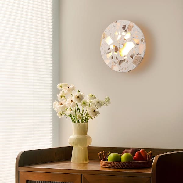 8.07 in. 1-Light Modern Round Dimmable LED Wall Sconce Light with Mable Terrazzo Shade for Bedroom Foyer Hallway