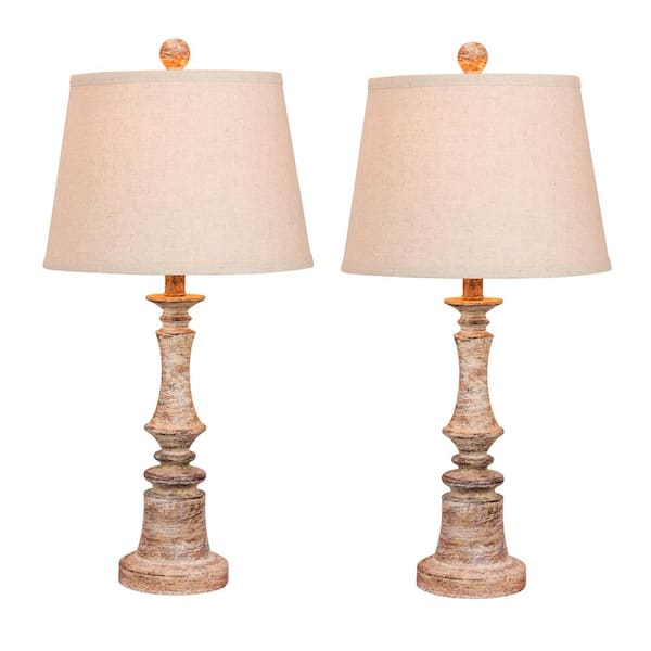 Fangio Lighting Pair of 26.5 in. Distressed Resin Table Lamps in a Cottage Antique Beige
