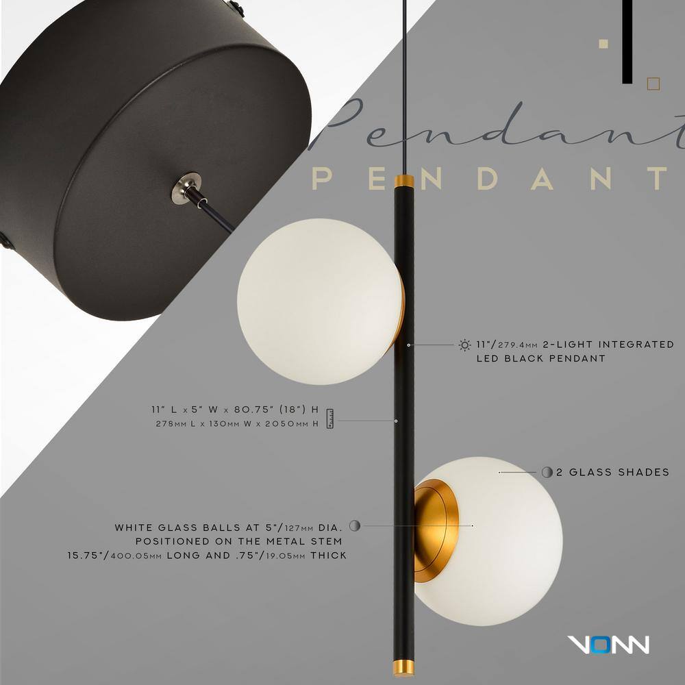 Capri Adjustable Height 11" Black and Gold LED Pendant with Glass Globes