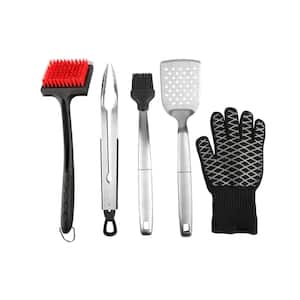 Cook and Clean BBQ Grill Essentials 5-Piece Value Set with Tongs, Spatula, Basting Brush, Cleaning Brush and Heat Gloves