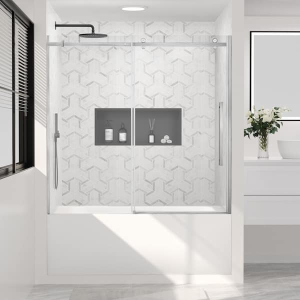 56 in. to 60 in. W x 58 in. H Single Reversible Sliding Frameless Tub Door in Brushed Nickel with Clear Tempered Glass