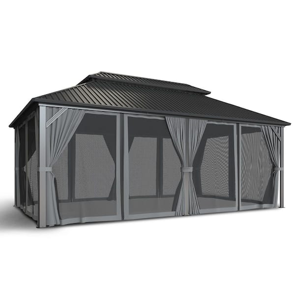 12 ft. x 20 ft. Hardtop Gazebo with Aluminum Frame, Galvanized Steel Double Roof Gazebo with Nettings and Curtain