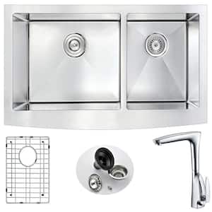 ELYSIAN Farmhouse Stainless Steel 36 in. Double Bowl Kitchen Sink and Faucet Set with Timbre Faucet in Brushed Satin