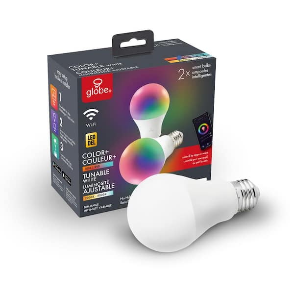 Globe Electric Wi-Fi Smart 60W Equivalent Color Changing RBG Tunable White LED Light Bulb, No Hub Required, A19, E26 (2-Pack)