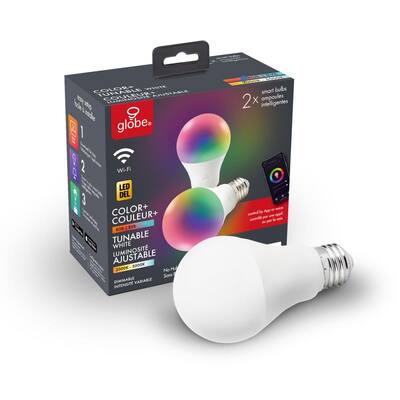 Wi-Fi Smart 60W Equivalent Color Changing RBG Tunable White LED Light Bulb, No Hub Required, A19, E26 (2-Pack)