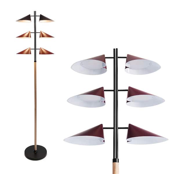 Ivo 65.2" Matte Black & Oak Midcentury 6-Light 30W Dimmable Integrated LED Modern Tree Floor Lamp With Red Leaf Shades