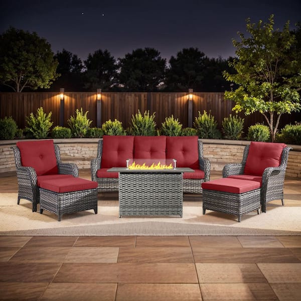 moosprr 6-Piece Gray Wicker Fire Pit Conversation Set with Olefin Red Cushions and Curved Arm Lounge Chairs and Couch